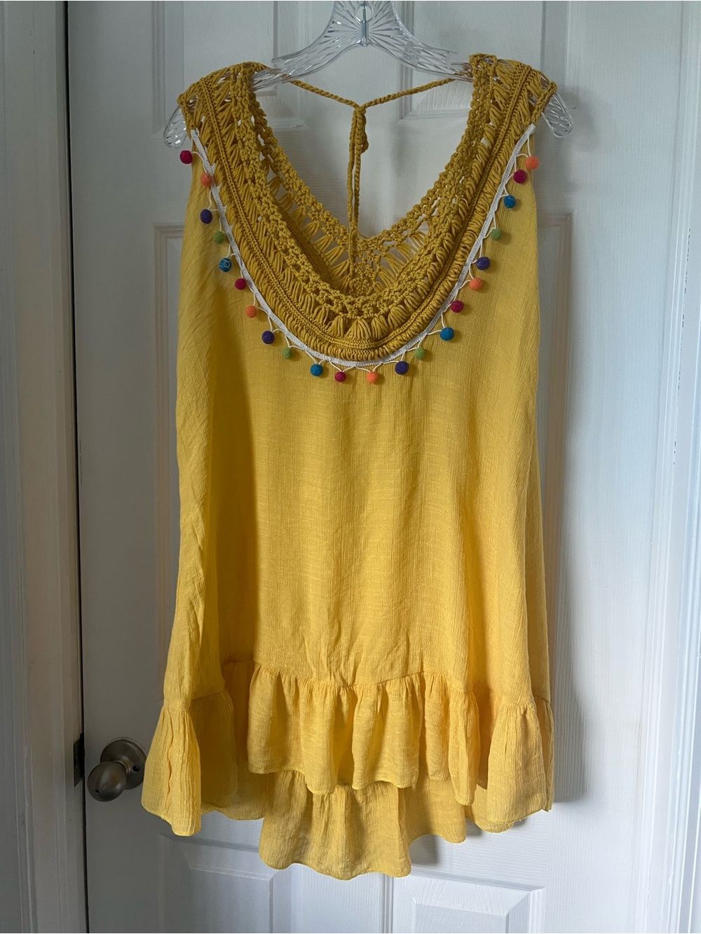 Sunny Yellow Crochet Pom-Pom Swim Coverup